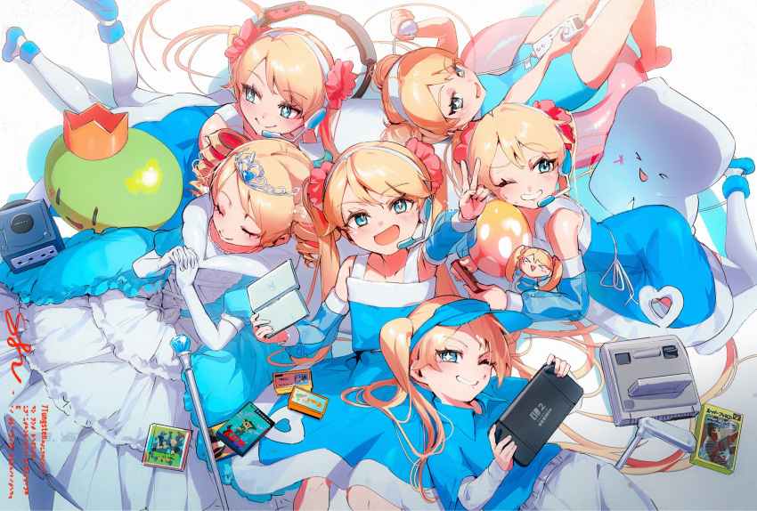 1girl, 7tungsten, bare_shoulders, blonde_hair, blue_dress, blue_eyes, blue_hat, blue_one-piece_swimsuit