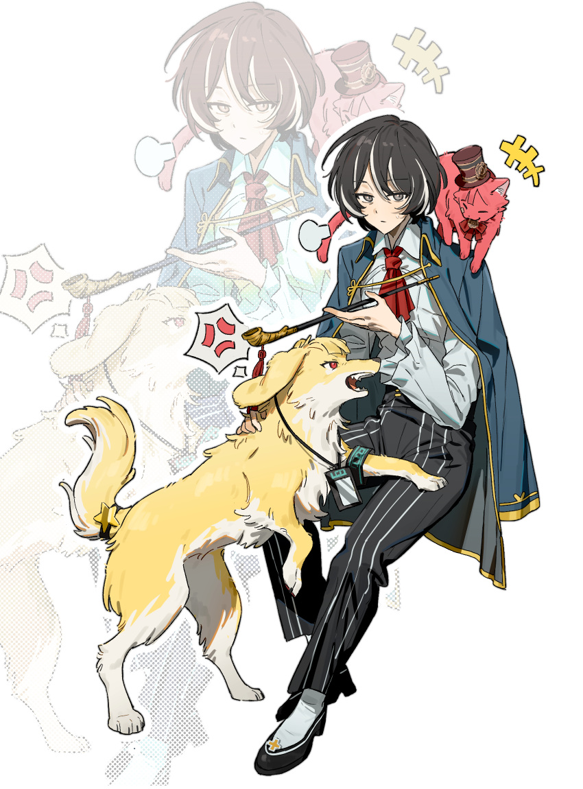 +++, 1girl, anger_vein, animal, animalization, ascot, black_hair, black_pants