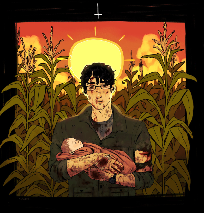 1boy, 1other, baby, bags_under_eyes, bandaged_hand, bandages, beard_stubble, black_shirt