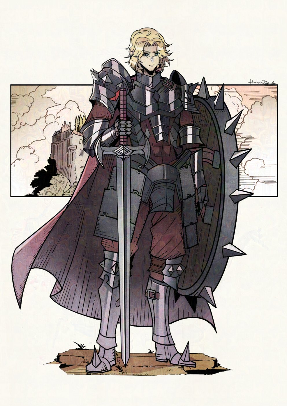 armor, black_armor, blonde_hair, blue_eyes, breastplate, cape, closed_mouth, cuirass