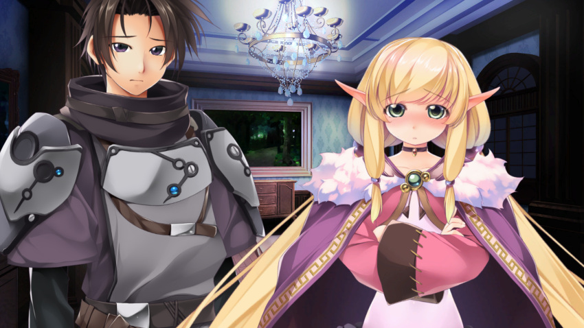 1boy, 1girl, armor, atelier-moo, belt, blonde_hair, blush, brown_belt