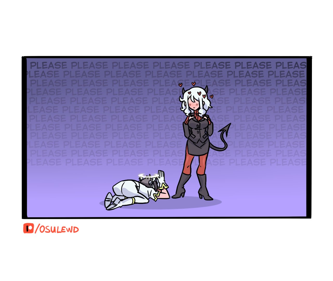 angel, azazel_(helltaker), begging, black_hair, black_horns, black_tail, blush, boots