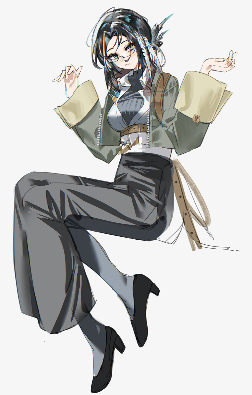1girl, absurdres, alternate_costume, arknights, bags_under_eyes, belt, bird_girl, black_hair
