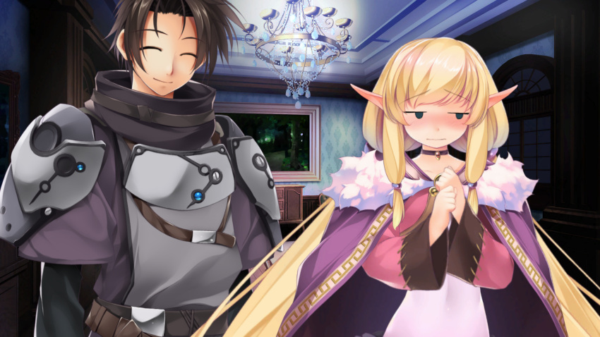 1boy, 1girl, ^_^, armor, atelier-moo, averting_eyes, belt, blonde_hair