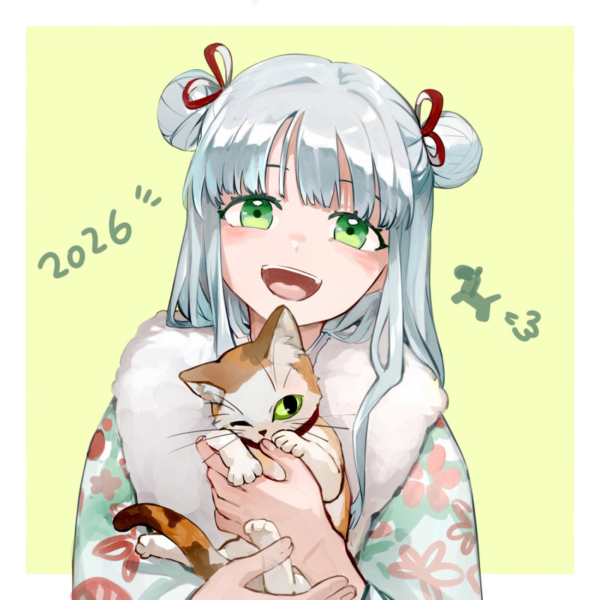 1girl, 2026, :d, animal, calico_(pattern), calico_cat, cat, commentary