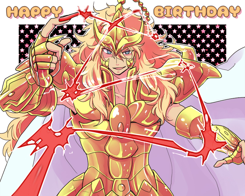 1boy, armor, blonde_hair, blue_eyes, energy_beam, gauntlets, gold_armor, gold_cloth