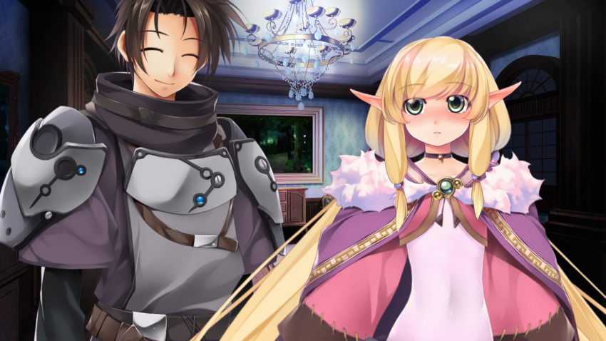 1boy, 1girl, ^_^, armor, atelier-moo, averting_eyes, belt, blonde_hair, blush, brown_belt, ceiling, choker, cloak, closed_eyes, closed_mouth, cropped_jacket, door, elf, embarrassed, fur-trimmed_cloak, fur_trim, game_cg, green_eyes, highres, indoors, jacket, layered_sleeves, leotard, long_hair, long_pointy_ears, long_sleeves, looking_up, low-tied_sidelocks, low_twintails, narrow_waist, night, non-web_source, oma_(our_battle_has_just_begun!), our_battle_has_just_begun!, painting_(object), pink_jacket, pointy_ears, purple_choker, purple_cloak, short_over_long_sleeves, short_sleeves, shoulder_armor, sidelocks, smile, spiky_hair, standing, synsya, twintails, very_long_hair, white_leotard, wide_sleeves, window