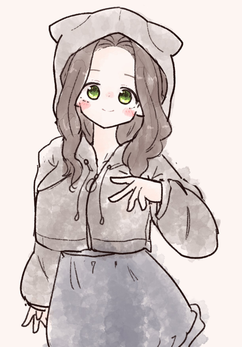 1girl, animal_ear_hood, animal_ears, animal_hood, blue_skirt, blush, brown_hair, closed_mouth