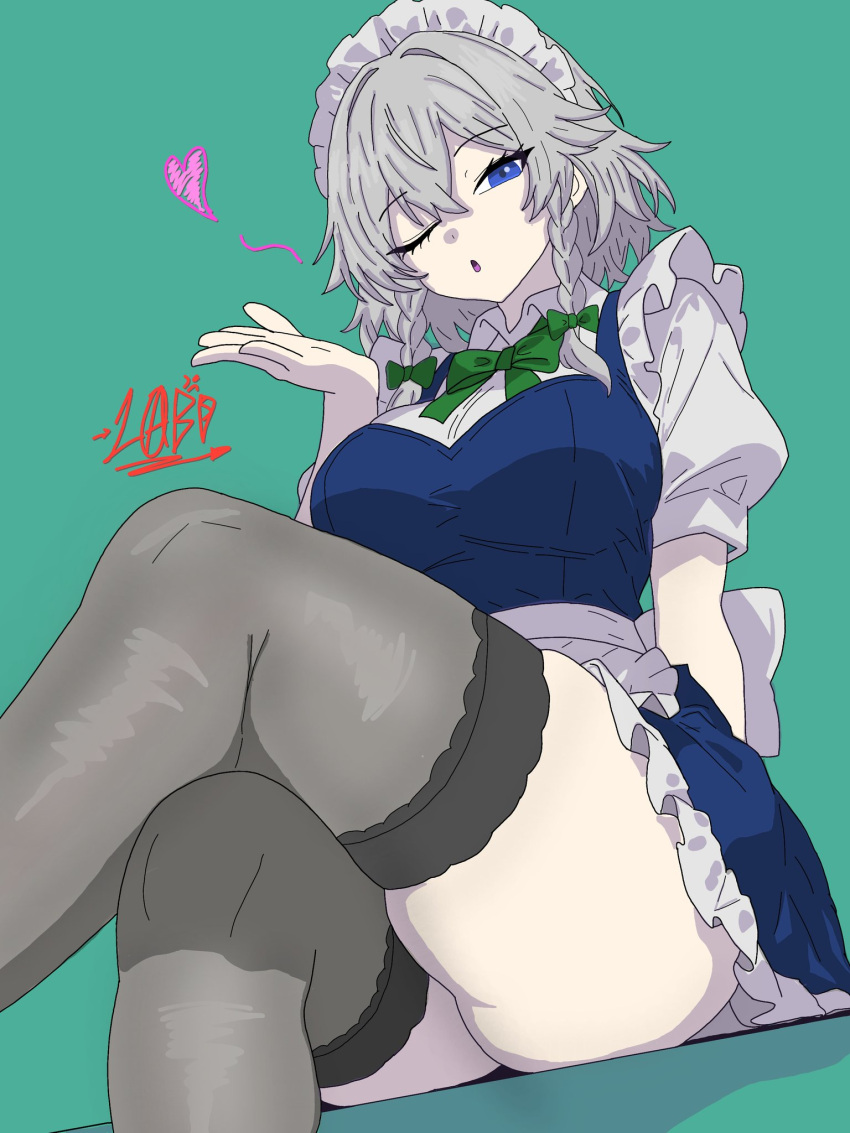 1girl, ;d, apron, back_bow, black_thighhighs, blowing_kiss, blue_dress, blue_eyes, bow, braid, breasts, crossed_legs, drawlab33t, dress, frilled_apron, frilled_skirt, frills, green_bow, grey_hair, hair_bow, highres, izayoi_sakuya, large_breasts, looking_at_viewer, maid, maid_apron, maid_headdress, one_eye_closed, open_mouth, puffy_short_sleeves, puffy_sleeves, short_hair, short_sleeves, signature, sitting, skirt, smile, solo, thigh-highs, touhou, twin_braids, waist_apron