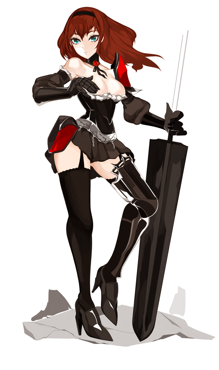 armor, bad_id, black_legwear, blue_eyes, breasts, brown_hair, cleavage, elbow_gloves