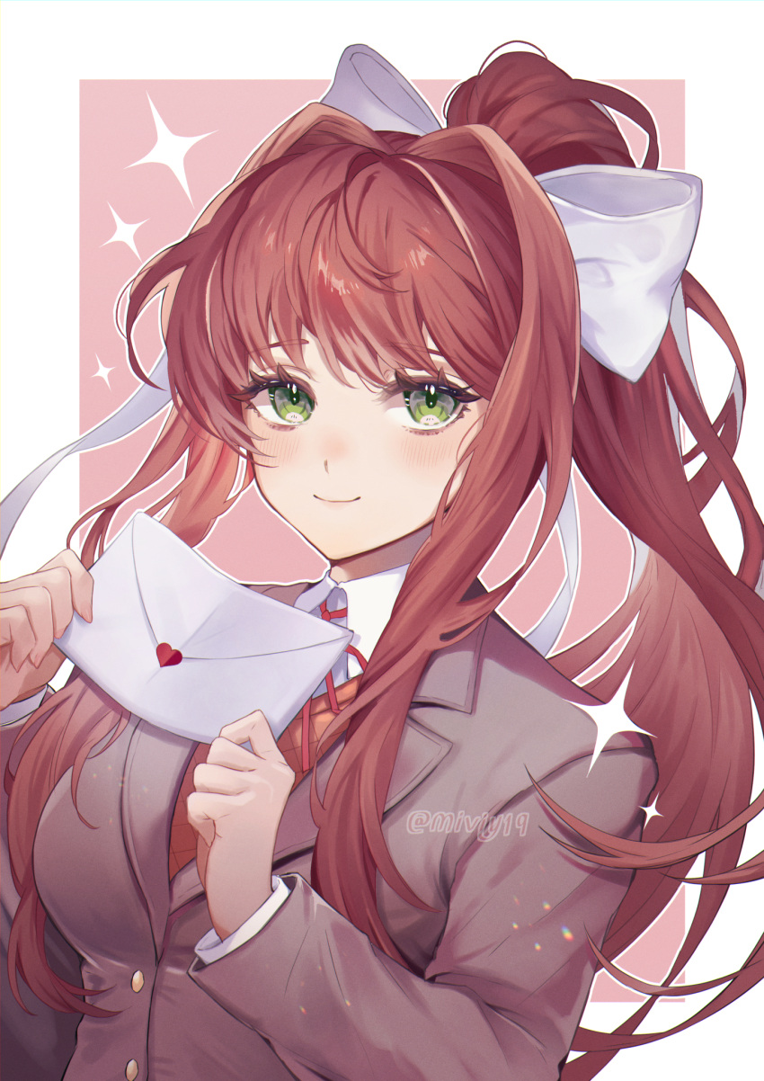 1girl, blazer, blush, border, breasts, brown_hair, closed_mouth, collared_shirt
