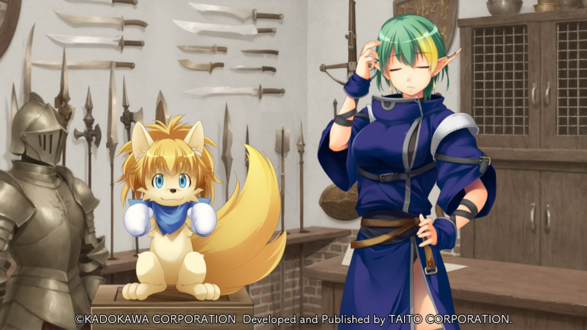 1girl, :<, animal_ears, animal_nose, armor, atelier-moo, belt, blonde_hair