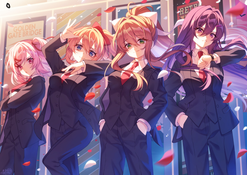 4girls, :o, absurdres, alternate_hairstyle, black_jacket, black_pants, black_suit, black_vest, blue_eyes, blue_pants, bow, breasts, brown_hair, closed_mouth, collared_shirt, commission, crossed_arms, doki_doki_literature_club, english_text, eyelashes, floating_hair, green_eyes, green_pupils, hair_between_eyes, hair_bow, hair_intakes, hair_ornament, hair_ribbon, hairclip, hands_in_pockets, highres, jacket, kitsuneco, leaf, long_hair, looking_at_watch, matching_outfits, medium_hair, monika_(doki_doki_literature_club), multiple_girls, natsuki_(doki_doki_literature_club), necktie, open_clothes, open_jacket, open_mouth, pants, petals, pink_eyes, pink_hair, pink_pupils, ponytail, poster_(object), pruple_hair, purple_pupils, red_bow, red_necktie, red_ribbon, ribbon, sayori_(doki_doki_literature_club), second-party_source, shirt, short_ponytail, signature, smile, standing, suit, suit_jacket, two_side_up, vest, violet_eyes, watch, watch, white_ribbon, white_shirt, yuri_(doki_doki_literature_club)