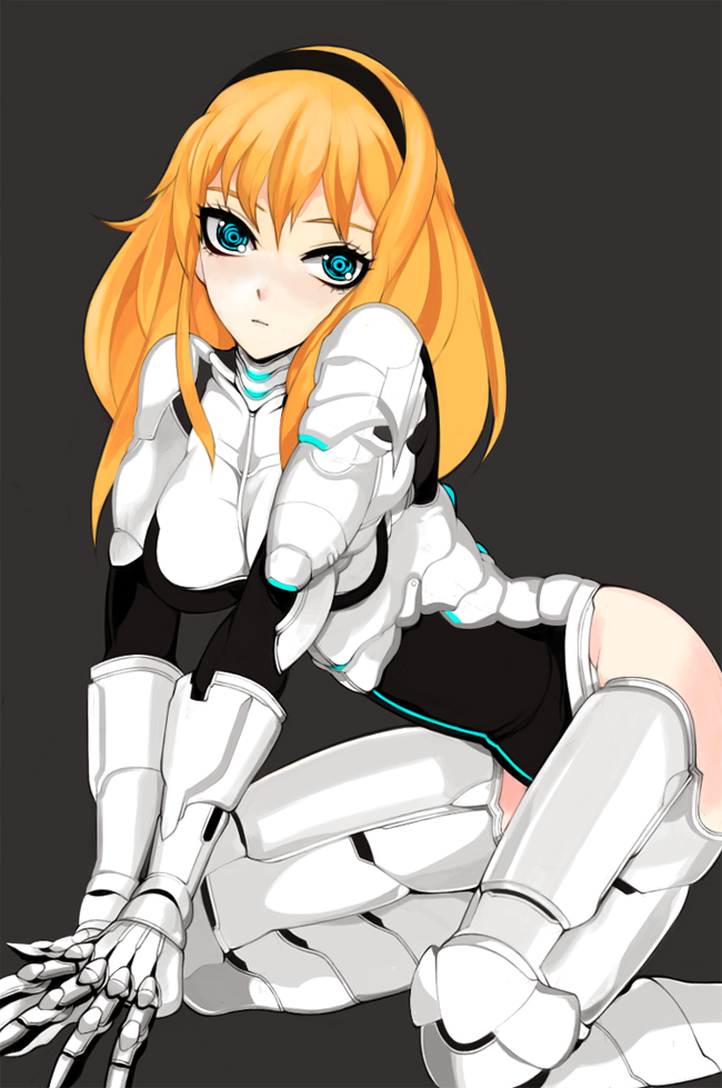 bad_id, blonde_hair, blue_eyes, bodysuit, hairband, kakaaru, kneeling, long_hair
