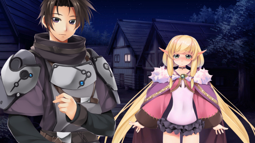 1boy, 1girl, armor, atelier-moo, barrel, black_hair, black_skirt, blonde_hair