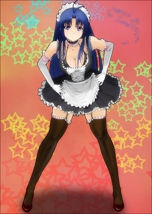 1girl, ahoge, apron, bare_shoulders, bent_over, black_legwear, blue_eyes, blue_hair