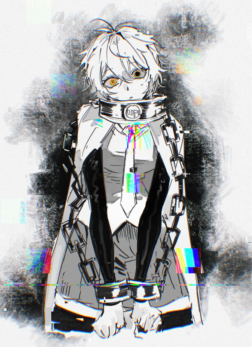 1girl, cape, chain, chanil_(muexlku), collar, commentary, cowboy_shot, cuffs-to-collar