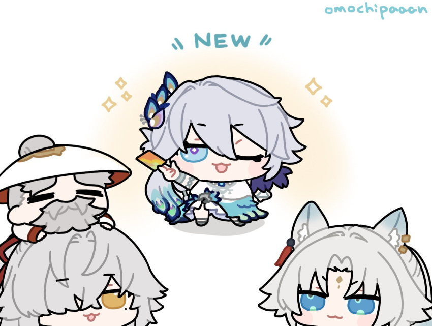 2boys, 2girls, animal_ears, artist_name, beard, blue_eyes, bracelet, chibi
