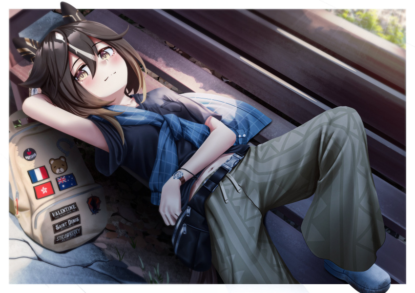 1girl, absurdres, animal_ears, australian_flag, backpack, bag, bench, black_hair