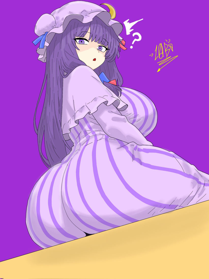 1girl, ?, ass, back, bow, breasts, crescent, crescent_hair_ornament, crescent_hat_ornament, crescent_pin, drawlab33t, dress, from_behind, from_below, hair_bow, hair_ornament, hair_ribbon, hat, hat_ornament, highres, large_breasts, library, long_hair, looking_at_viewer, mob_cap, pantylines, patchouli_knowledge, purple_background, purple_hair, ribbon, signature, simple_background, sitting, solo, striped_clothes, striped_dress, touhou, vertical-striped_clothes, vertical-striped_dress, very_long_hair, violet_eyes, voile