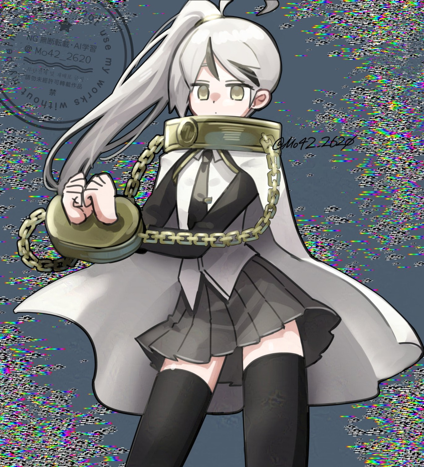 1boy, ahoge, black_necktie, black_shrug, black_skirt, black_streaks, black_thighhighs, chain