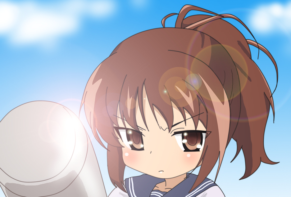 bat, brown_eyes, brown_hair, female, ichii_tooru, kawashima_minami, lens_flare, moshi_koukou_yakyuu_no_joshi_manager_ga_drucker_no_management_wo_yondara