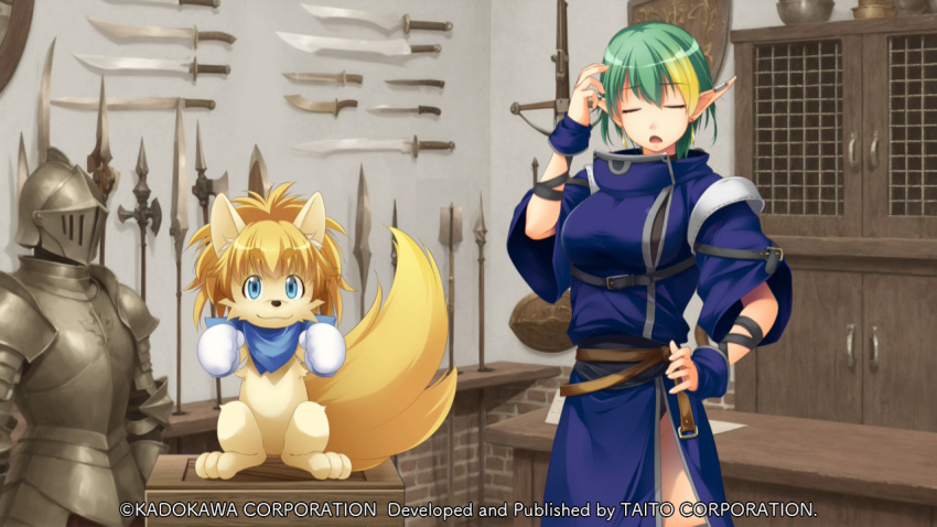 1girl, animal_ears, animal_nose, armor, atelier-moo, belt, blonde_hair, blue_eyes