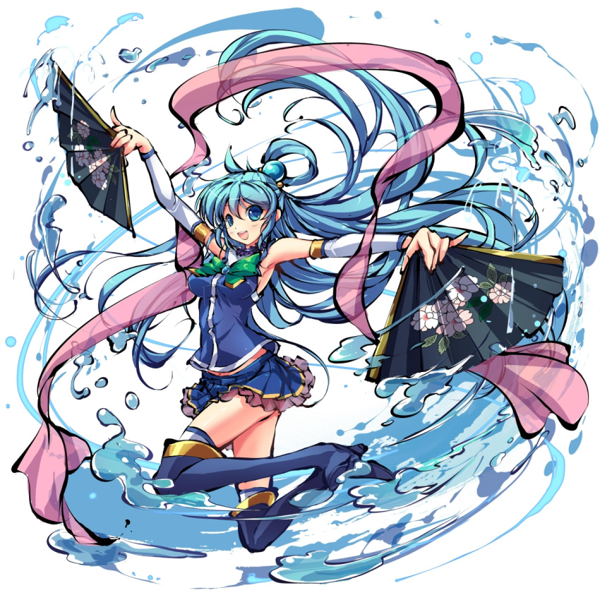 1girl, :d, aqua_(konosuba), arm_up, armpits, blue_boots, blue_eyes, blue_hair