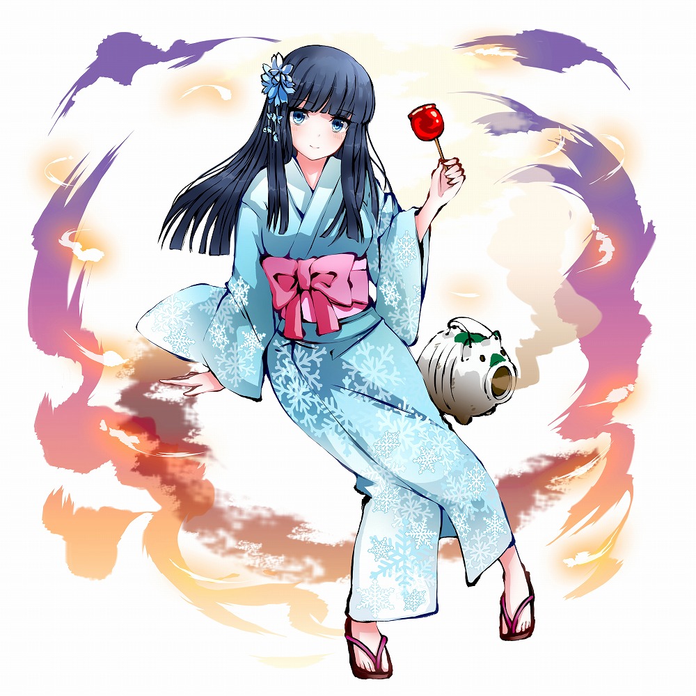 1girl, arm_support, black_hair, blue_eyes, blue_flower, blunt_bangs, blush, bow