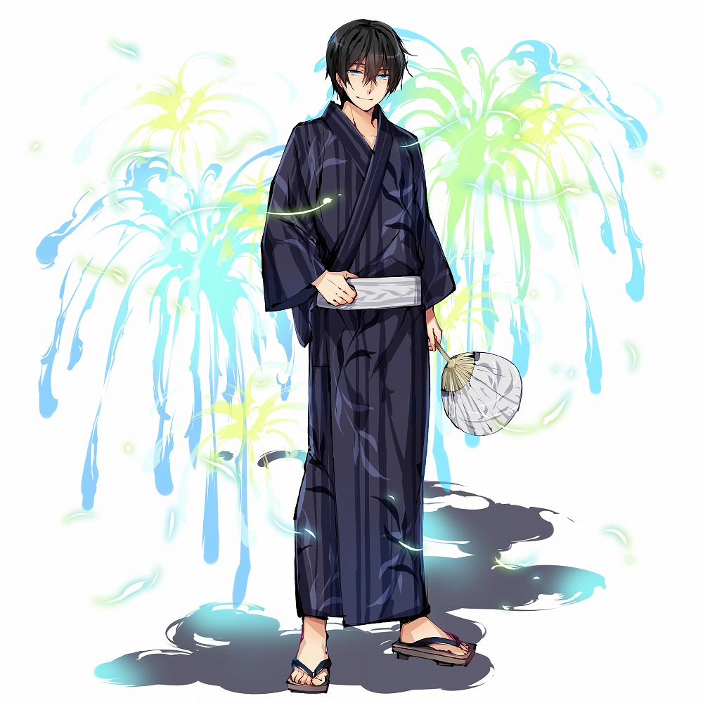 1boy, black_hair, blue_eyes, closed_mouth, collarbone, crossover, full_body, geta