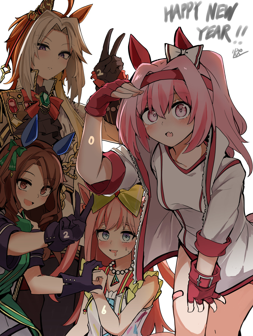 4girls, absurdres, agnes_digital_(full-color_fangirling)_(umamusume), agnes_digital_(umamusume), animal_ears, black_gloves, brown_hair, ear_covers