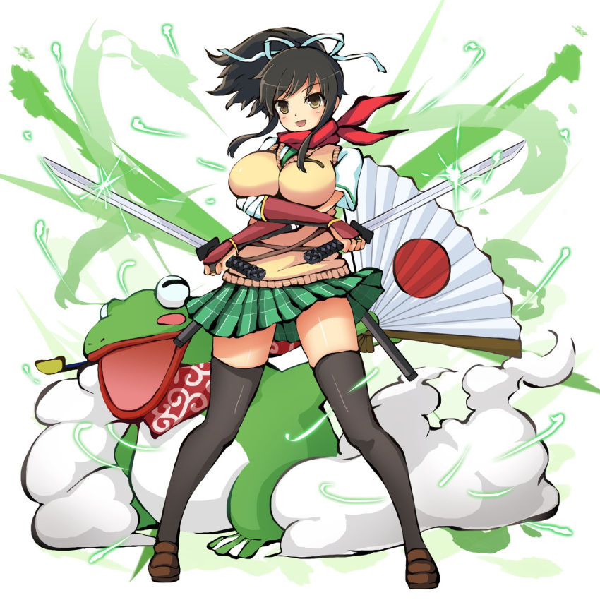 1girl, armor, asuka_(senran_kagura), black_hair, black_thighhighs, blush, breasts, brown_eyes