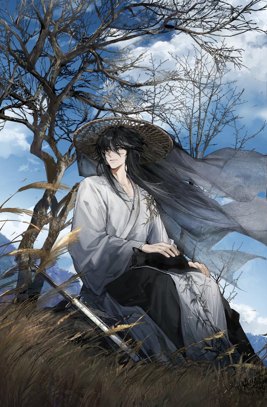 1boy, absurdres, bare_tree, black_cat, black_hair, blue_sky, cat, chinese_clothes