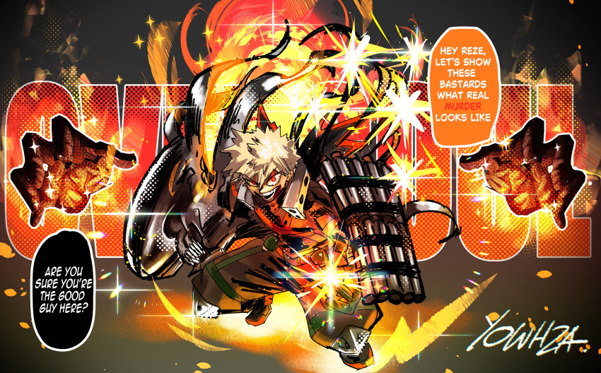 1boy, absurdres, bakugou_katsuki, boku_no_hero_academia, bomb_devil_(chainsaw_man), chainsaw_man, disembodied_hand, english_text