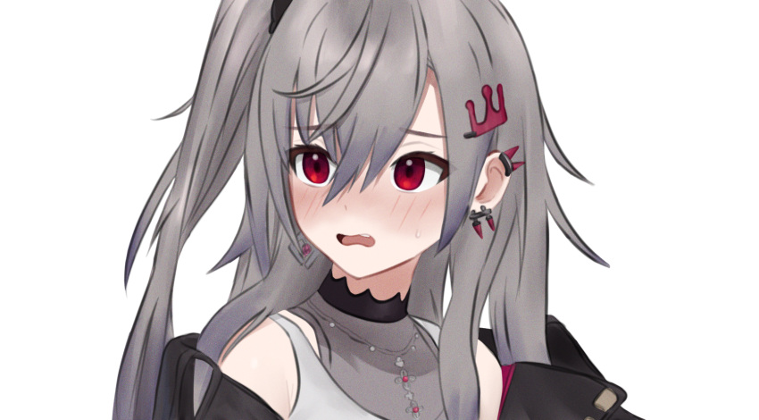 1girl, blush, commentary, crown_hair_ornament, d5y0m, dated_commentary, flustered, grey_hair