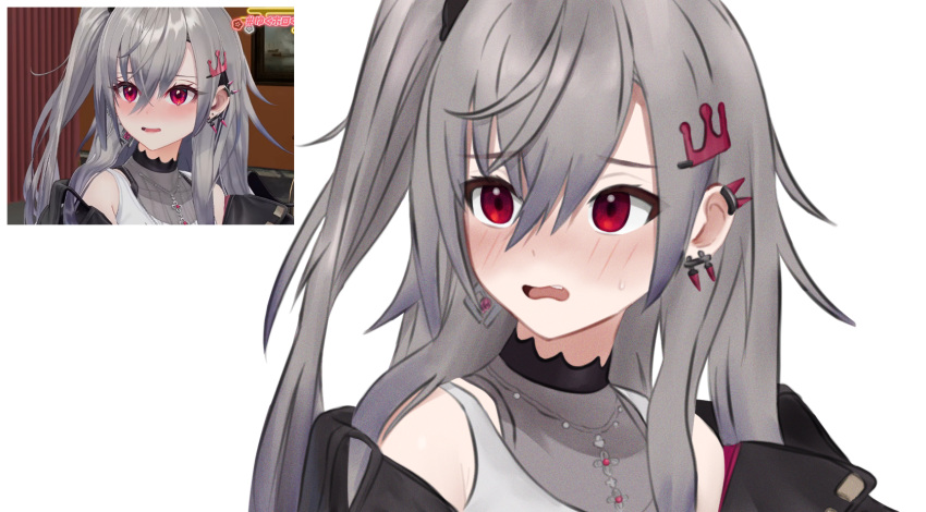 1girl, blush, commentary, crown_hair_ornament, d5y0m, dated_commentary, flustered, grey_hair