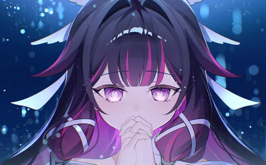 1girl, black_hair, blurry, blurry_background, columbina_(genshin_impact), commentary_request, genshin_impact, hair_intakes