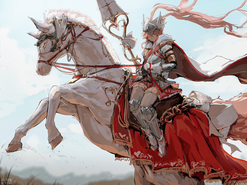 1boy, alterkyon, armor, barding, blue_sky, blurry, blurry_background, cape