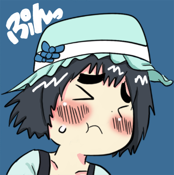 bad_id, black_hair, blush, eyebrows, hat, mitsudomoe, shiina_mayuri, short_hair, steins;gate, sweatdrop, yajirushi_(yajiru4)