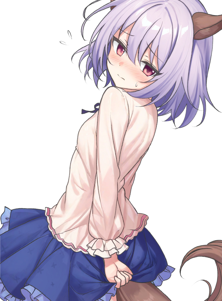 1boy, absurdres, animal_ears, asuka_minato, blue_hair, blue_skirt, blush, closed_mouth, commentary_request, cowboy_shot, dutch_angle, embarrassed, flying_sweatdrops, frilled_skirt, frilled_sleeves, frills, from_behind, frown, furrowed_brow, ghost_villager, hair_between_eyes, highres, horse_boy, horse_ears, horse_tail, kemonomimi_mode, long_sleeves, looking_at_viewer, looking_back, medium_hair, miniskirt, nose_blush, otome_domain, pink_shirt, pleated_skirt, red_eyes, shirt, simple_background, skirt, skirt_tug, solo, split_mouth, sweatdrop, tail, trap, white_background