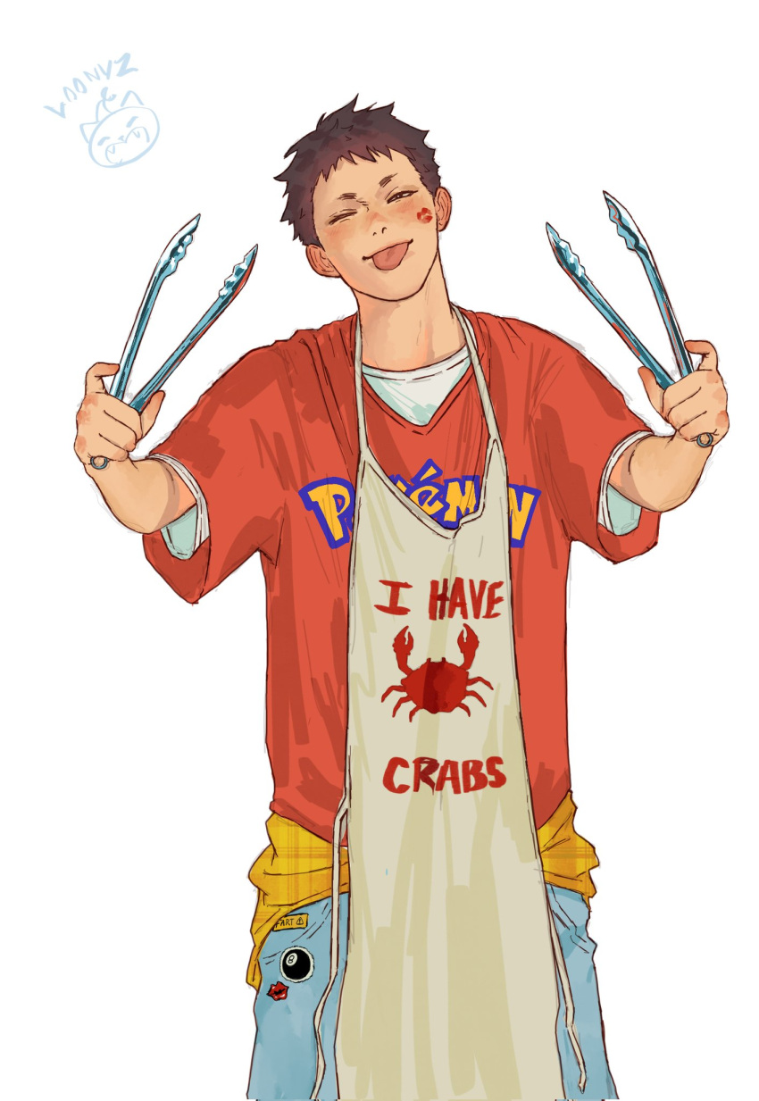 1boy, aged_up, apron, brown_hair, closed_mouth, commentary, crab_print, denim