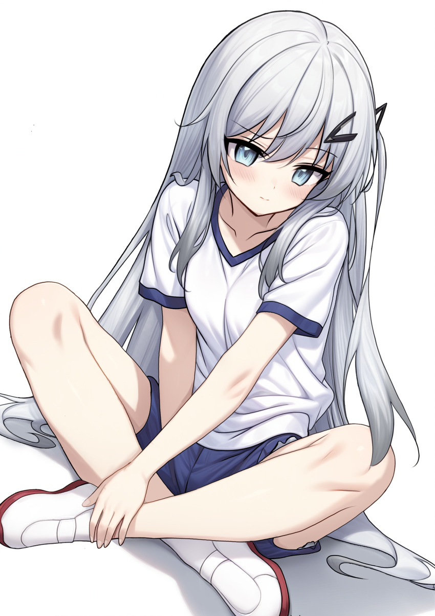 1girl, absurdres, allial_(coefont), blue_buruma, blue_eyes, blush, buruma, closed_mouth