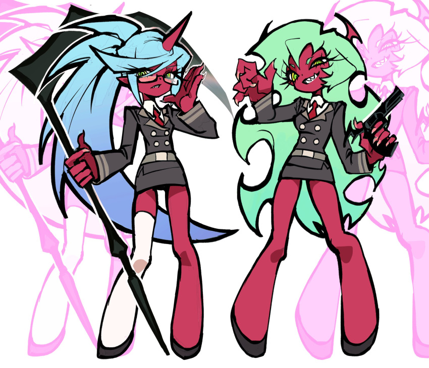 2girls, aqua_hair, belt, black_shoes, breasts, brown_belt, brown_jacket, brown_skirt, brown_sleeves, buttons, closed_mouth, collared_shirt, colored_skin, copyright_name, demon, demon_girl, demon_horns, double-breasted, double_gold_lacytanga_(psg), double_gold_spandex_(psg), eyelashes, fang, fang_out, formal_clothes, full_body, glasses, gradient_hair, green_eyes, green_hair, gun, highres, holding, holding_gun, holding_scythe, holding_weapon, horns, jacket, kneesocks_(psg), lapels, large_hands, long_hair, long_sleeves, looking_at_viewer, miniskirt, monochrome, multicolored_hair, multiple_girls, nail_polish, necktie, no_humans, notched_lapels, open_hand, panty_&amp;_stocking_with_garterbelt, pencil_skirt, pointy_breasts, rectangular_eyewear, red_horns, red_necktie, red_skin, revolver, ringed_eyes, scanty_(psg), scythe, semi-rimless_eyewear, sharp_teeth, shirt, shoes, sidelocks, single_bare_leg, single_horn, single_thighhigh, skirt, skirt_set, slit_pupils, small_breasts, smile, spiky_hair, swept_bangs, teeth, tgyten, thick_lineart, thigh-highs, under-rim_eyewear, undershirt, very_long_hair, wavy_hair, weapon, white_background, white_shirt, white_thighhighs, yellow_eyes