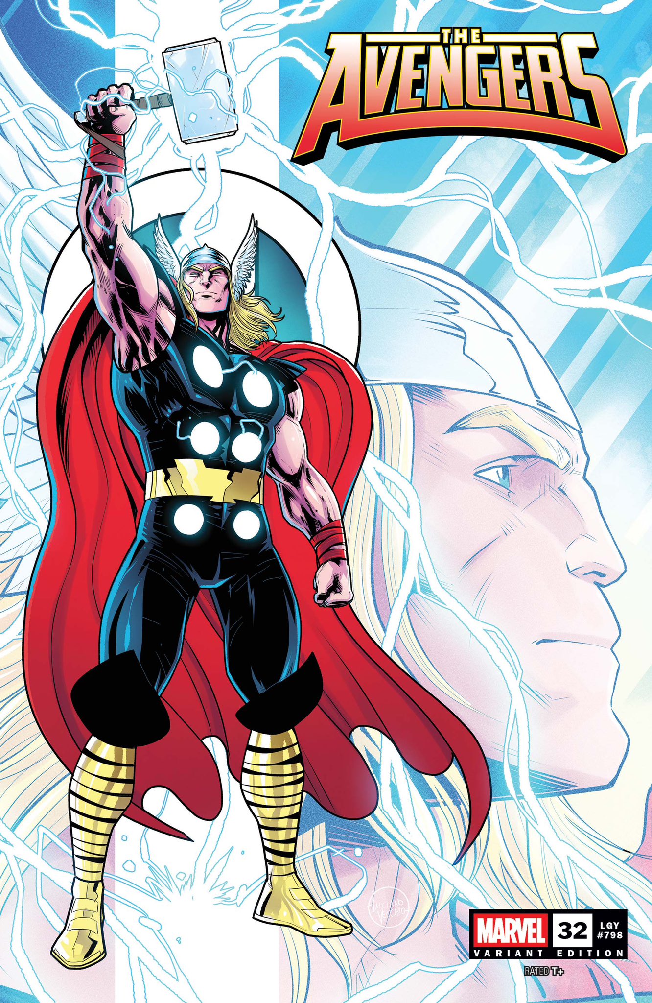 1boy, arm_up, avengers_(series), blonde_hair, blue_eyes, boots, cape, comic_cover