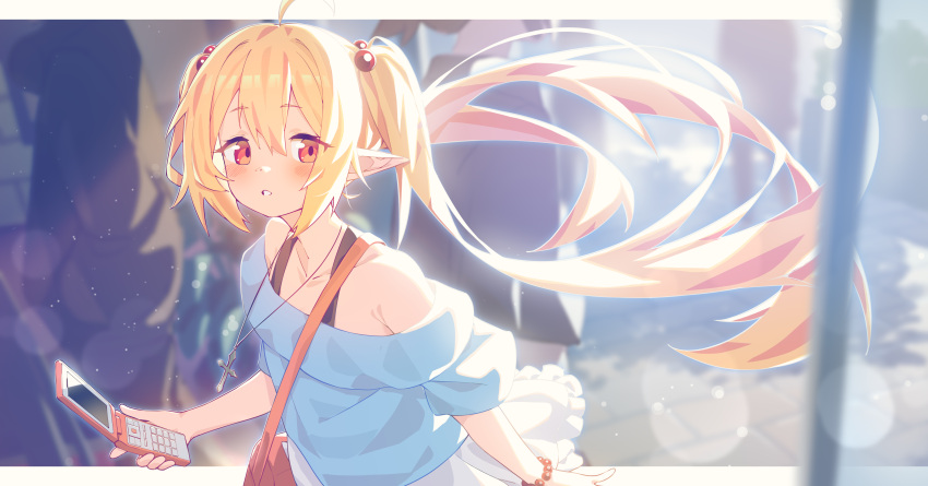 1girl, absurdres, bag, blonde_hair, bracelet, cellphone, commission, cross, cross_necklace, feature_phone, flip_phone, hair_bobbles, hair_ornament, highres, holding, holding_phone, hoplitx, jewelry, long_hair, long_pointy_ears, messenger_bag, necklace, open_mouth, original, phone, pixiv_commission, pointy_ears, red_eyes, shoulder_bag, twintails, twintails_elf_nun_(sugarnut), very_long_hair