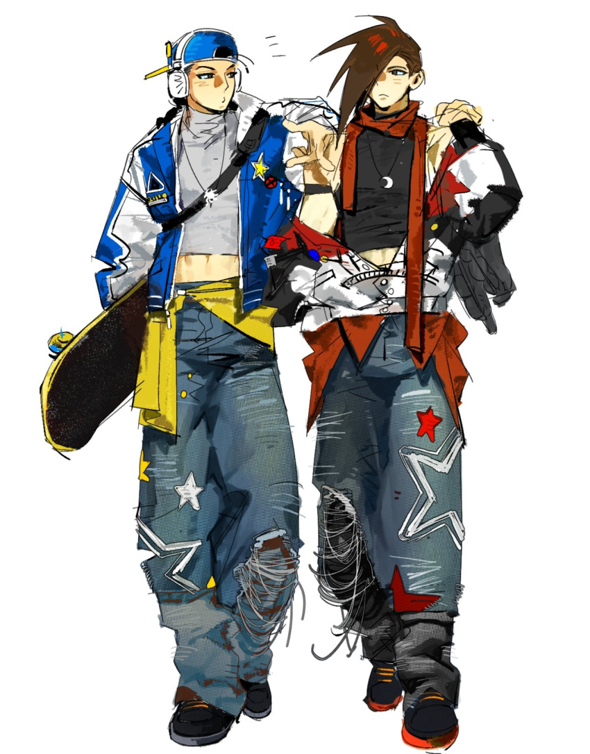 2boys, arm_on_another's_shoulder, backwards_hat, baggy_pants, baseball_cap, black_hair, black_shoes, black_skirt