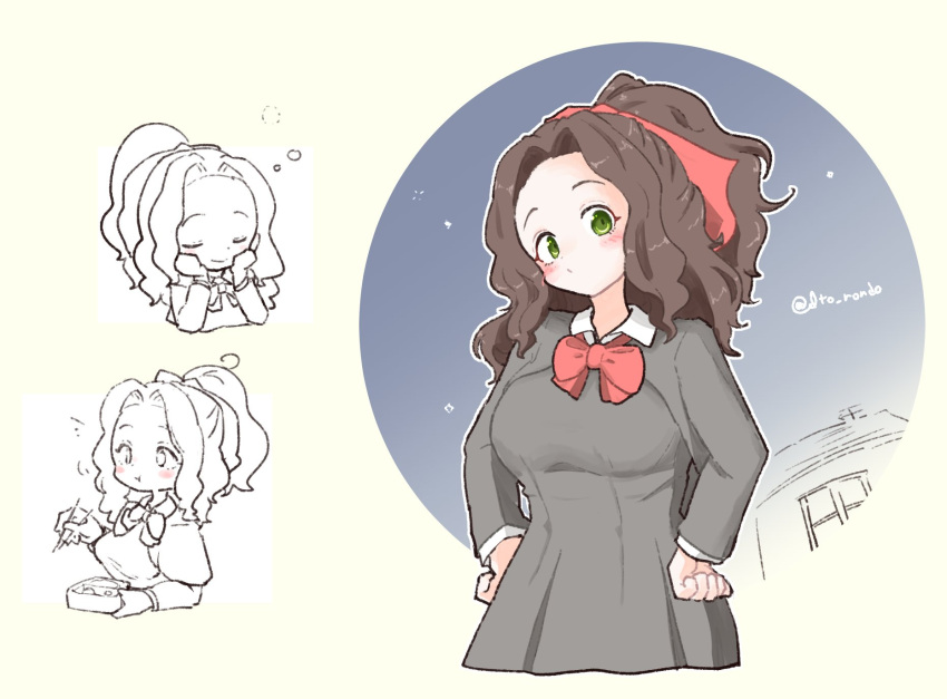 1girl, blush, bow, bowtie, breasts, brown_hair, closed_mouth, commentary_request
