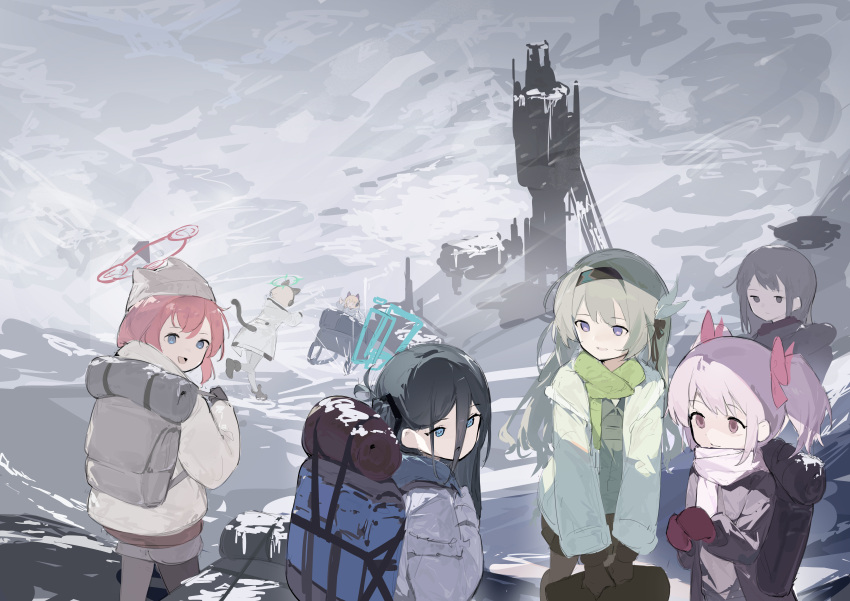 6+girls, :d, :o, absurdres, animal_ears, aris_(blue_archive), backpack, bag, blue_archive, blue_eyes, blue_halo, cat_ears, cat_tail, closed_mouth, firefly_(honkai:_star_rail), frown, full_body, gloves, green_halo, halo, highres, holding, holding_bag, honkai:_star_rail, honkai_(series), jiadedaoshi, kaname_madoka, kaname_madoka_(magical_girl), looking_at_another, looking_at_viewer, looking_back, mahou_shoujo_madoka_magica, midori_(blue_archive), momoi_(blue_archive), multiple_girls, open_mouth, pink_eyes, red_halo, smile, snow, standing, tail, violet_eyes