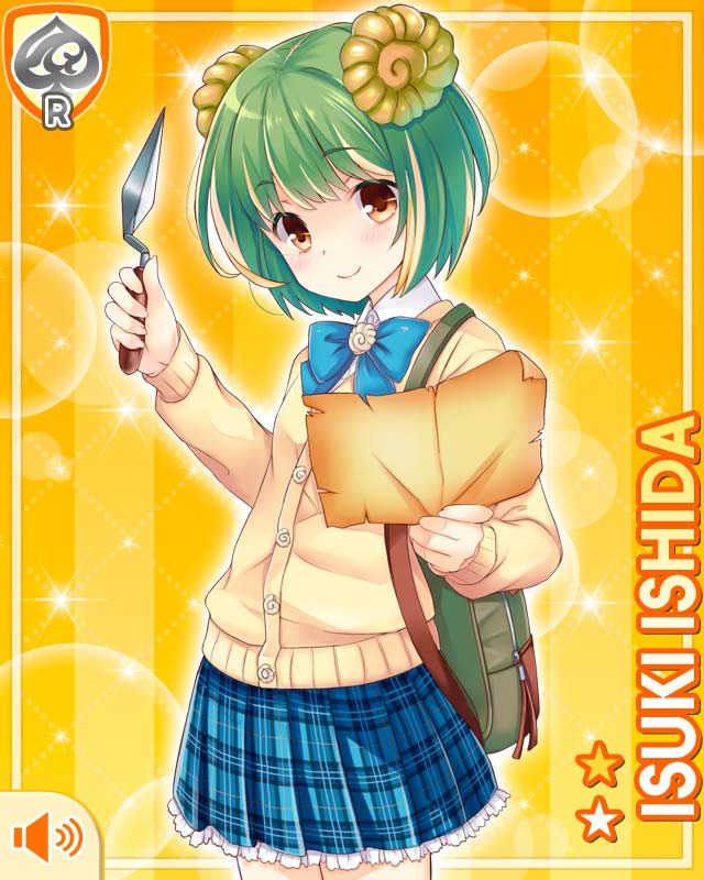 1girl, ammonite_hair_ornament, bag, blue_bow, blue_bowtie, blue_skirt, bow, bowtie