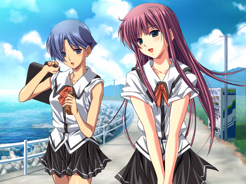 2girls, :d, black_skirt, blue_eyes, blue_hair, briefcase, game_cg, green_eyes